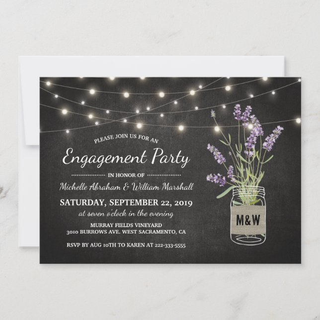 Invitación Lavender Mason Jar enciende la fiesta de compromis (Anverso)
