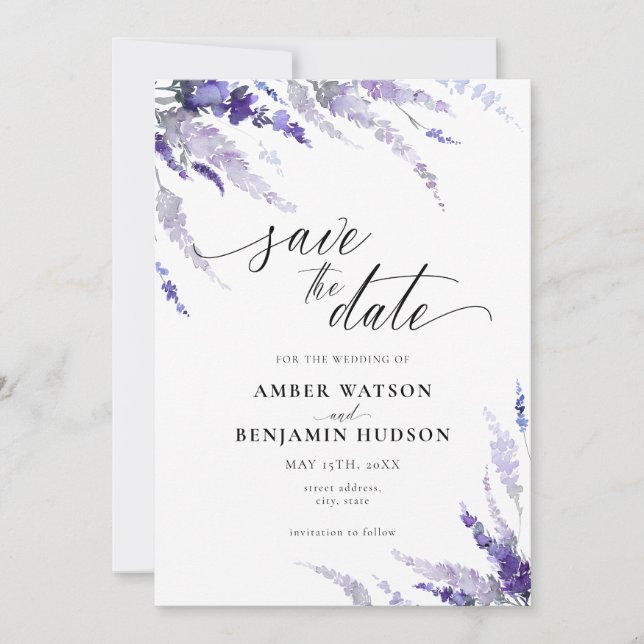 Invitación Lavender Mauve Floral Lilac Purple Salvar La Fecha (Anverso)