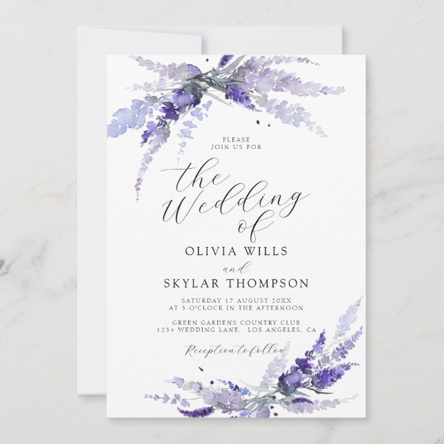 Invitación Lavender Mauve Floral Purple Lilac Boda (Anverso)