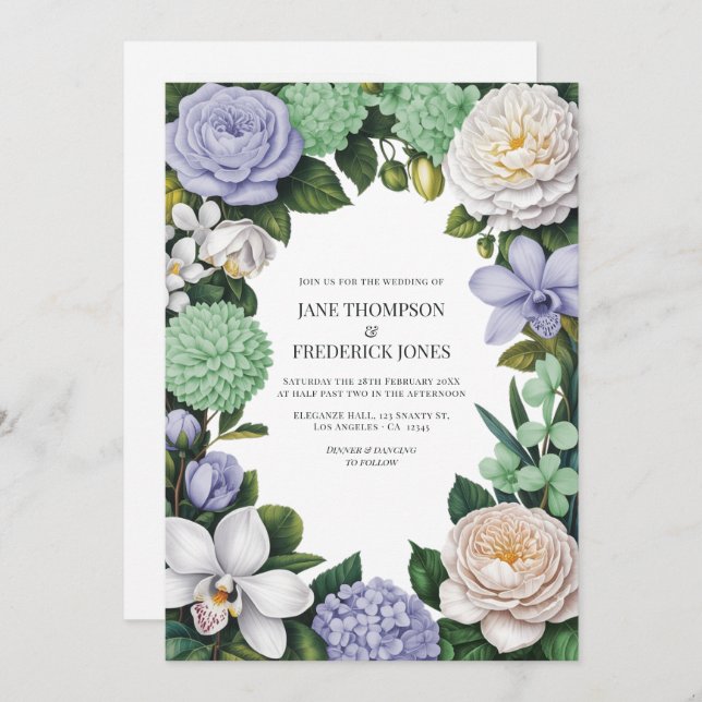 Invitación Lavender, Mint Green & White Floral Wedding (Anverso / Reverso)