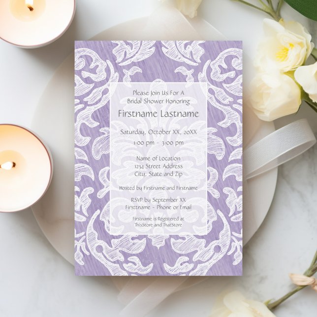 Invitación Lavender Modern Damask Bridal Shower Fiesta (Bridal Shower Invitation - lavender and white lace print)