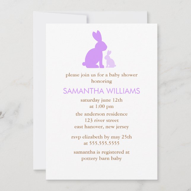 Invitación Lavender Mom and Baby Rabbit Baby Shower (Anverso)