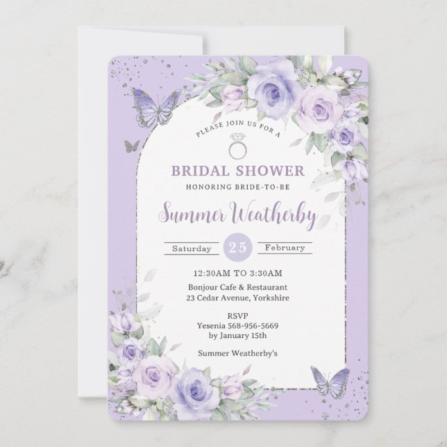 Invitación Lavender Morada Mariposas Florales Ducha de Novia (Anverso)