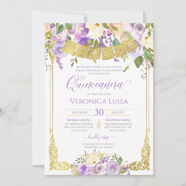 Invitación Lavender Morado Acuarela Floral Oro Quinceanera (Anverso)