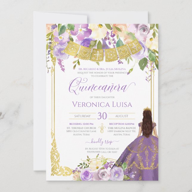 Invitación Lavender Morado Acuarela Floral Oro Quinceanera (Anverso)