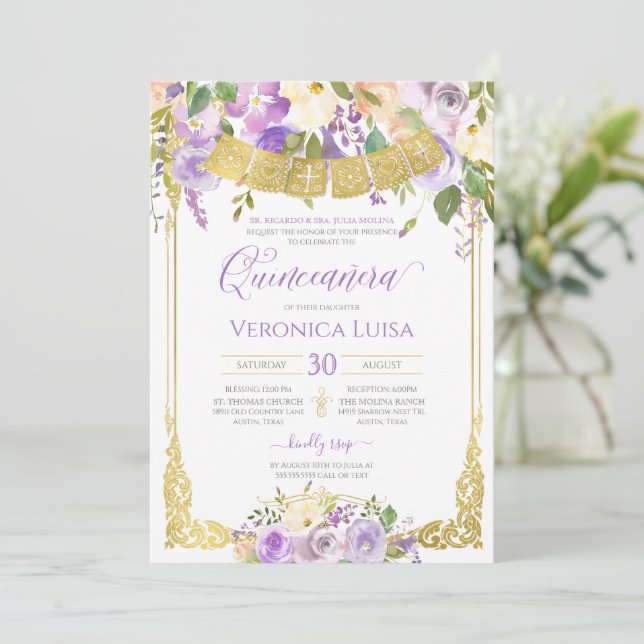 Invitación Lavender Morado Acuarela Floral Oro Quinceanera (Anverso de pie)