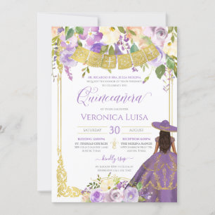 Invitación Lavender Morado Floral y Carro de Oro Quinceanera