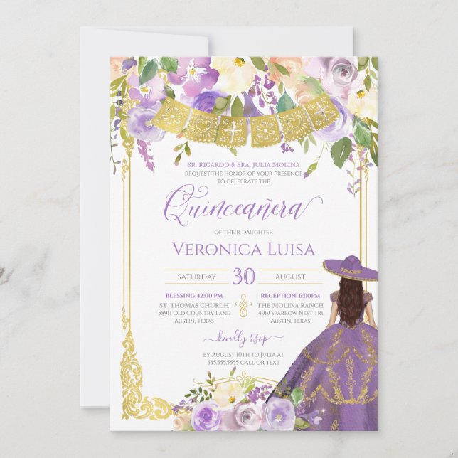 Invitación Lavender Morado Floral y Carro de Oro Quinceanera (Anverso)