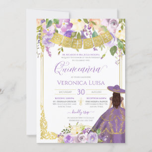 Invitación Lavender Morado Floral y Carro de Oro Quinceanera