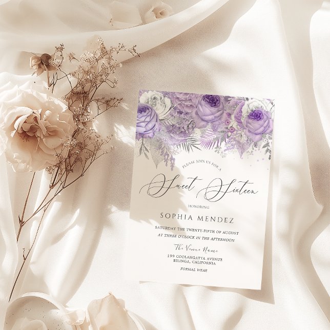 Invitación Lavender Morado Parkle Floral Dulce 16 Fiesta (Subido por el creador)