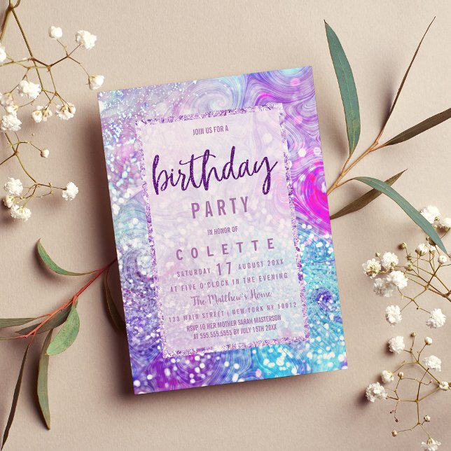 Invitación Lavender morado purpurina de mármol verde azulado (Lavender purple teal marble glitter Birthday Party Invitation )