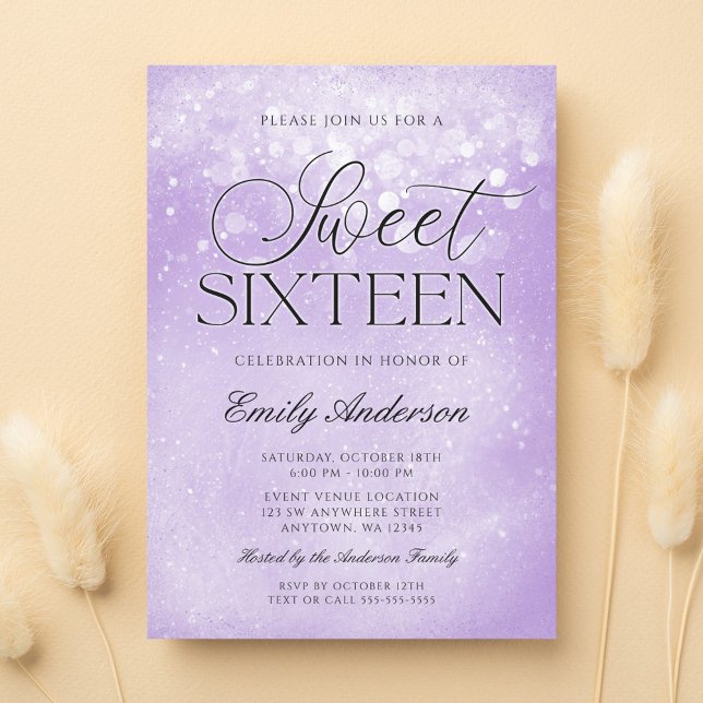 Invitación Lavender Morado Sparkle Sweet 16 (Subido por el creador)