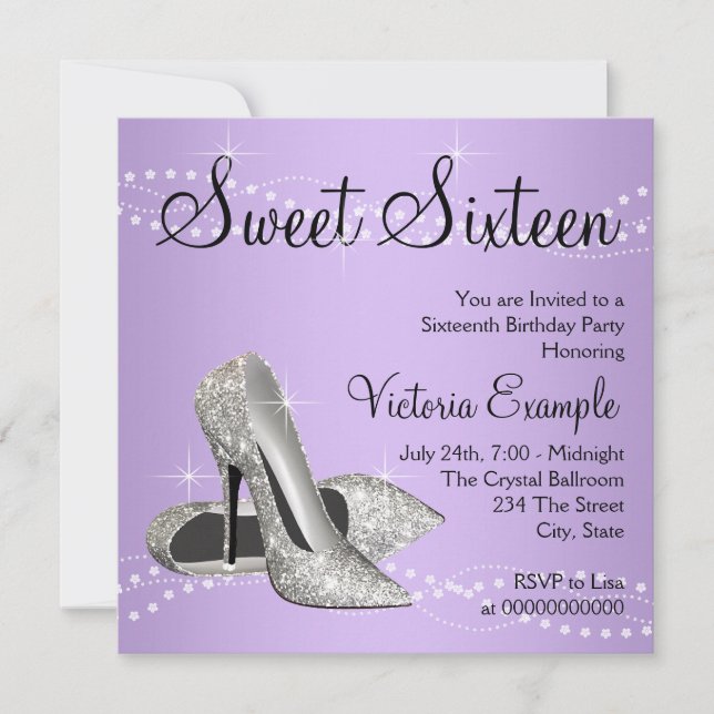 Invitación Lavender Morado Tos Altos Dulce 16 Fiesta (Anverso)
