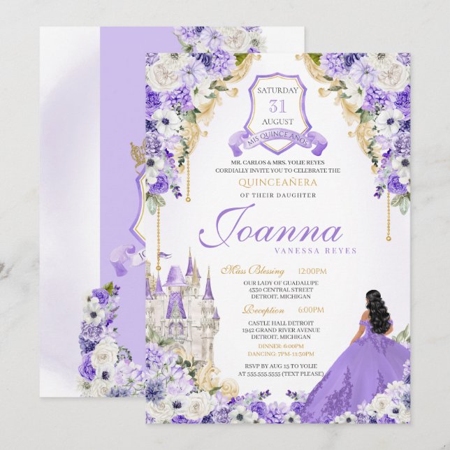 Invitación Lavender Morado y Oro Princesa Real Quinceanera (Anverso / Reverso)