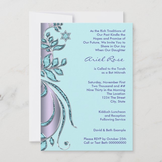 Invitación Lavender Morado y Verde azulado Blue Bat Mitzvah (Anverso)