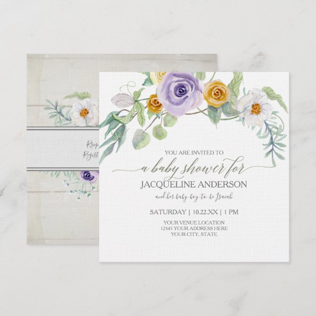 Invitación Lavender n Amber Rosa Floral Wood Baby Shower Chic (Anverso / Reverso)