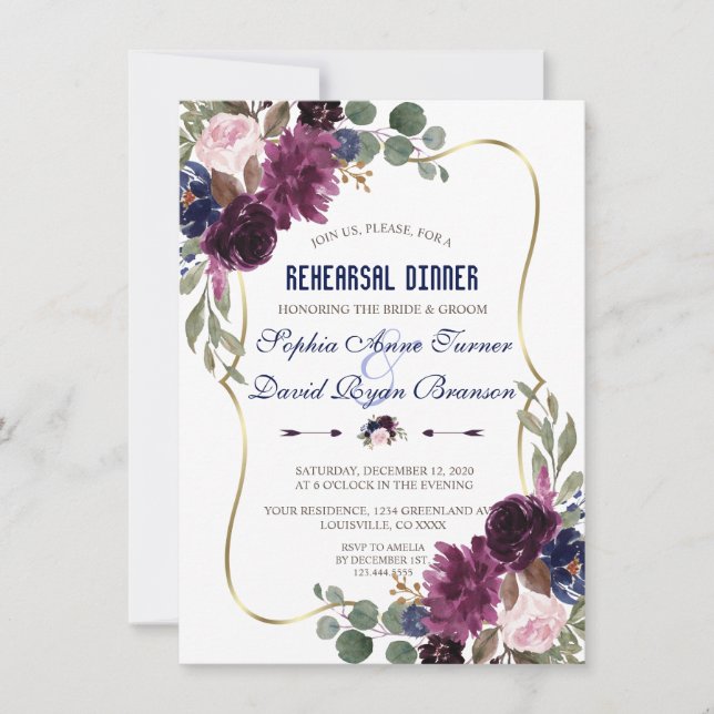 Invitación Lavender Naval Dorado Floral Bloom Ensayo Cena (Anverso)