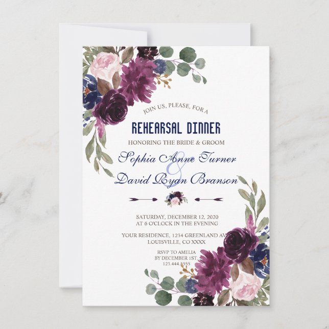 Invitación Lavender Navy Blue Floral Bloom Ensayo Cena (Anverso)