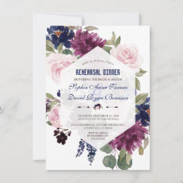 Invitación Lavender Navy Blue Floral Bloom Ensayo Cena