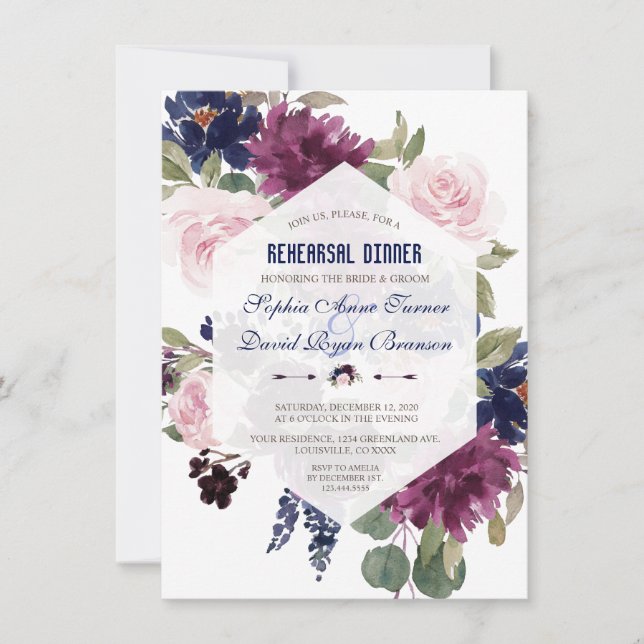 Invitación Lavender Navy Blue Floral Bloom Ensayo Cena (Anverso)