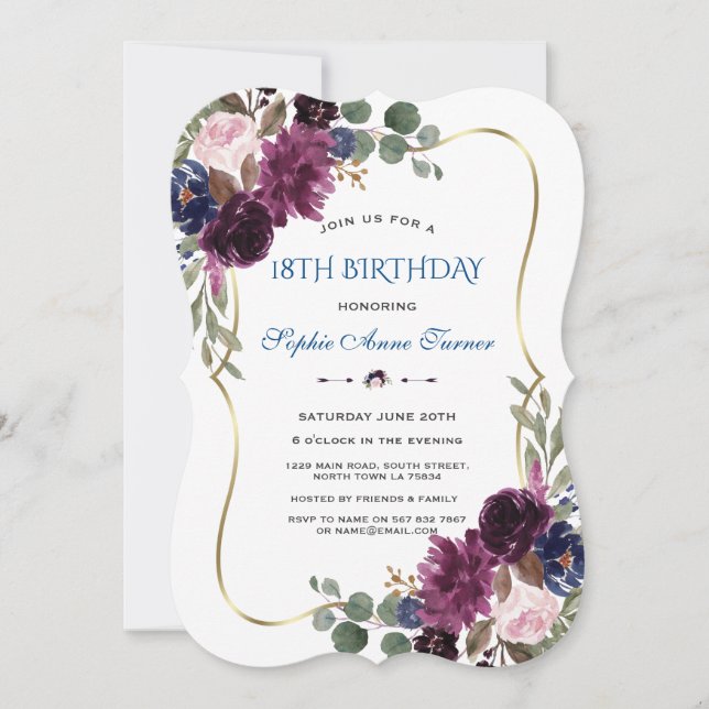 Invitación Lavender Navy Gold Floral Bloom 18º cumpleaños (Anverso)
