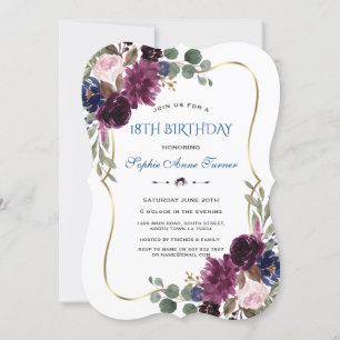Invitación Lavender Navy Gold Floral Bloom 18º cumpleaños