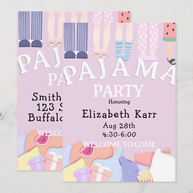 Invitación Lavender Pajama Fiesta (Anverso / Reverso)