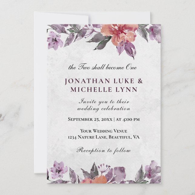 Invitación Lavender Peach Floral acuarela Boda cristiana (Anverso)