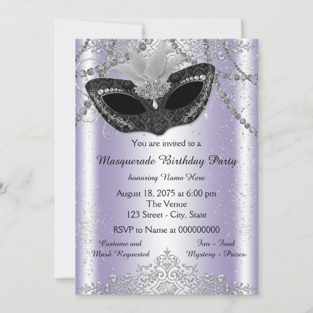 Invitación Lavender Pearl Purpurina Fiesta de Mascarada Púrpu (Anverso)