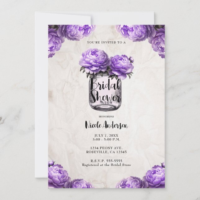 Invitación Lavender Peony Mason Jar Rustic Bridal Shower (Anverso)