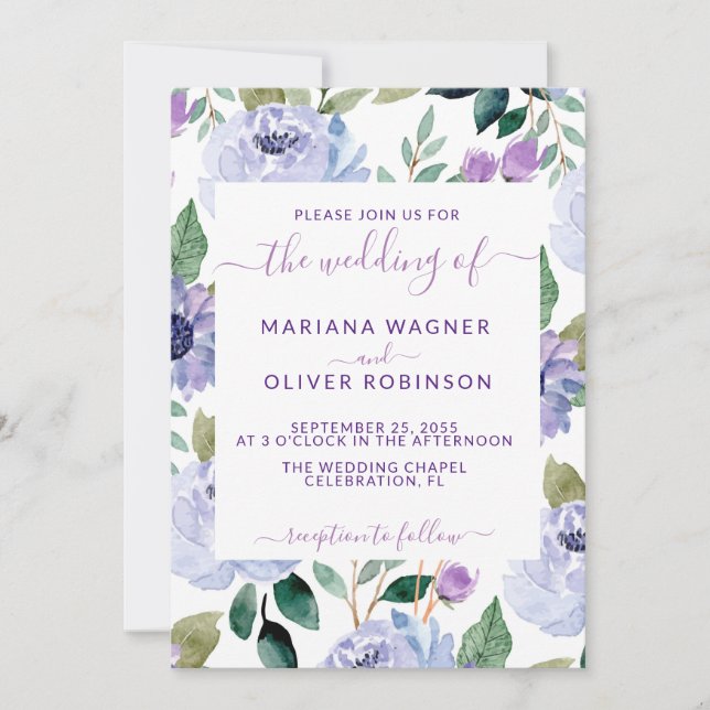 Invitación Lavender Periwinkle Floral Elegante Script (Anverso)