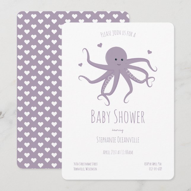 Invitación Lavender Personalizado de Corazón de Octopus Púrpu (Anverso / Reverso)