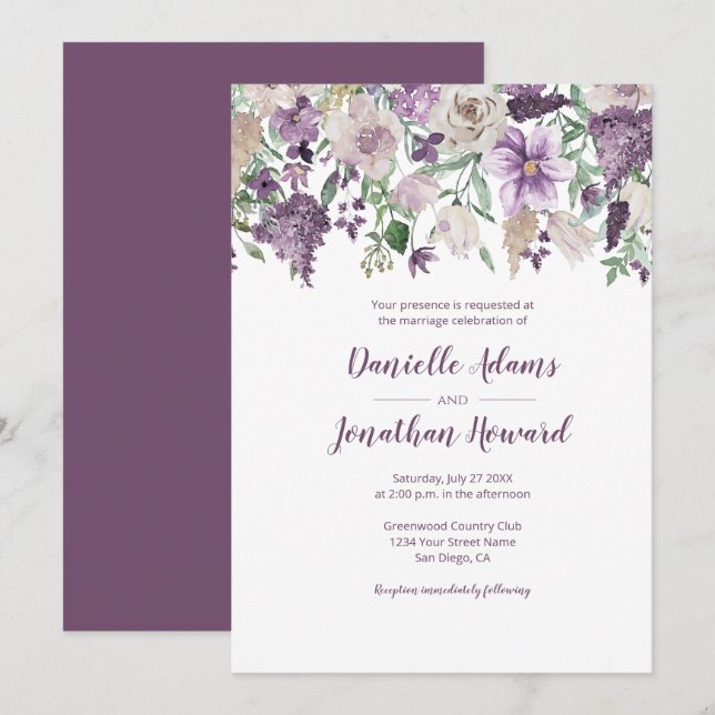 Invitación Lavender Plum Purple Cream Floral Bouquet Boda (Anverso / Reverso)