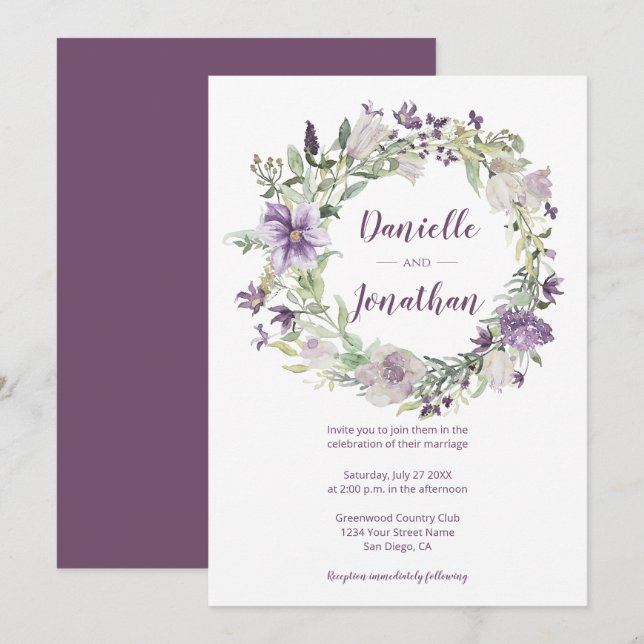 Invitación Lavender Plum Purple Cream Floral Wreath Boda | (Anverso / Reverso)