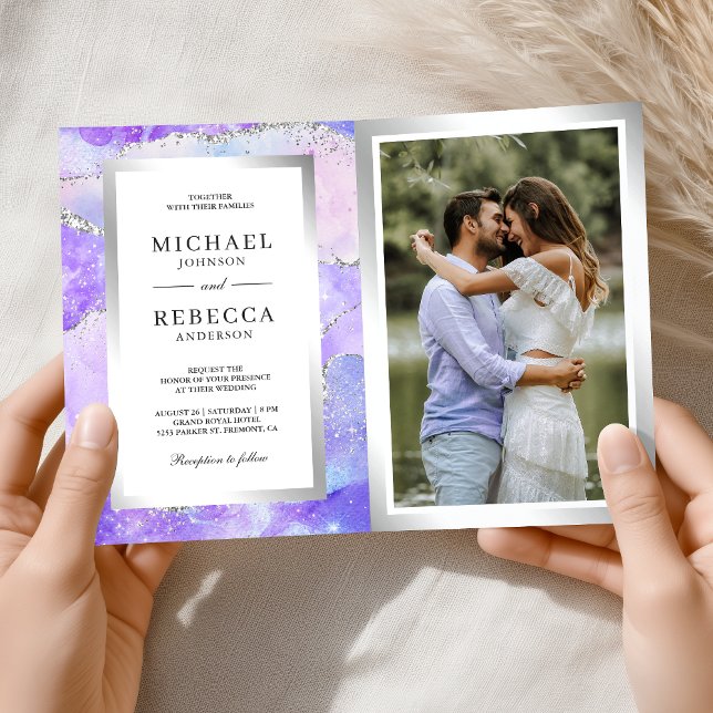 Invitación Lavender Purple Agate Marble QR Code Wedding (Subido por el creador)
