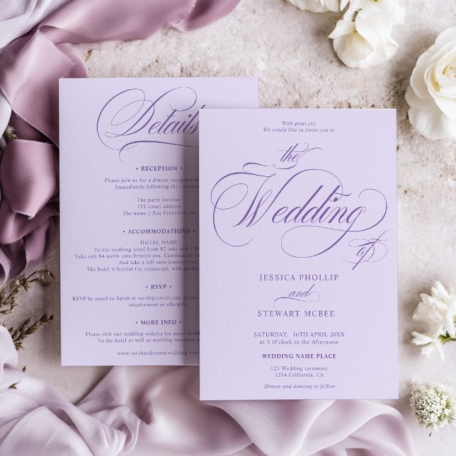Invitación Lavender Purple all in one calligraphy wedding  (Lavender Purple all in one calligraphy wedding Invitation)