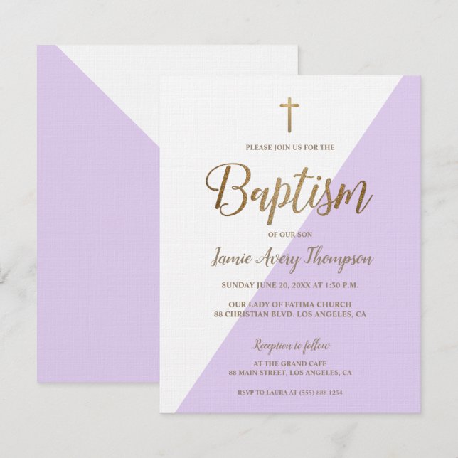 Invitación Lavender Purple Baby Girl Gold Baptism Moderno Inv (Anverso / Reverso)