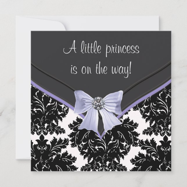 Invitación Lavender Purple Black Damask Bow Baby Shower (Anverso)