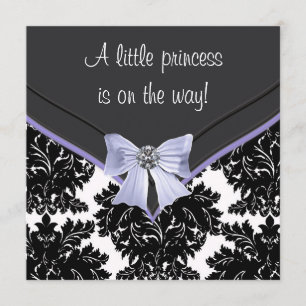 Invitación Lavender Purple Black Damask Bow Baby Shower