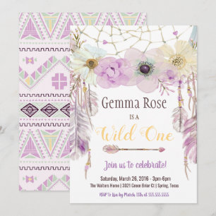 Invitación Lavender & Purple Boho Salvaje Un Primer Cumpleaño