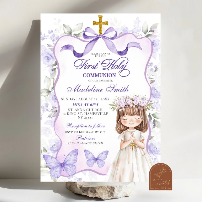 Invitación Lavender Purple Bow Coquette Primera Comunión Sant (Subido por el creador)