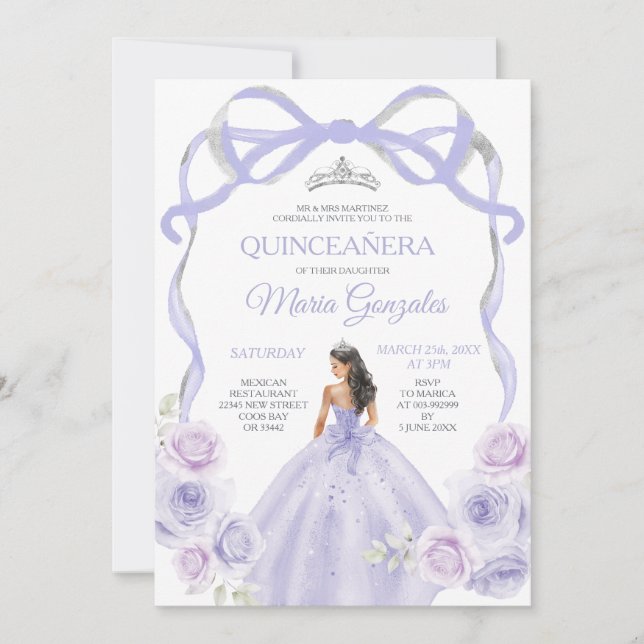Invitación Lavender Purple Bow Princesa Plata Quinceañera (Anverso)