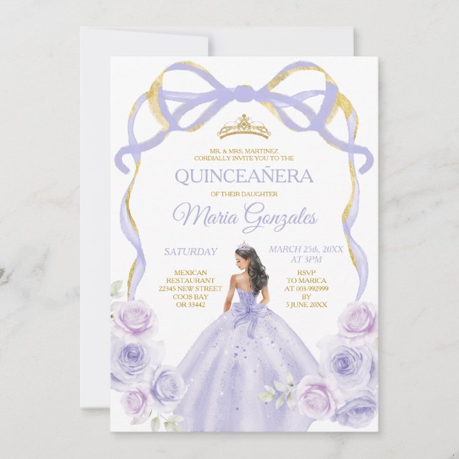 Invitación Lavender Purple Bow Princess Gold Quinceañera (Anverso)
