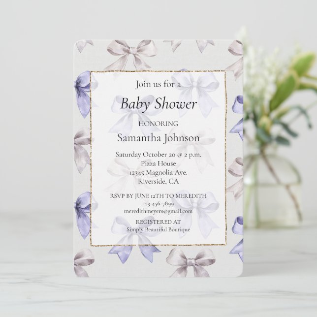 Invitación Lavender Purple Bows Baby Shower (Anverso de pie)