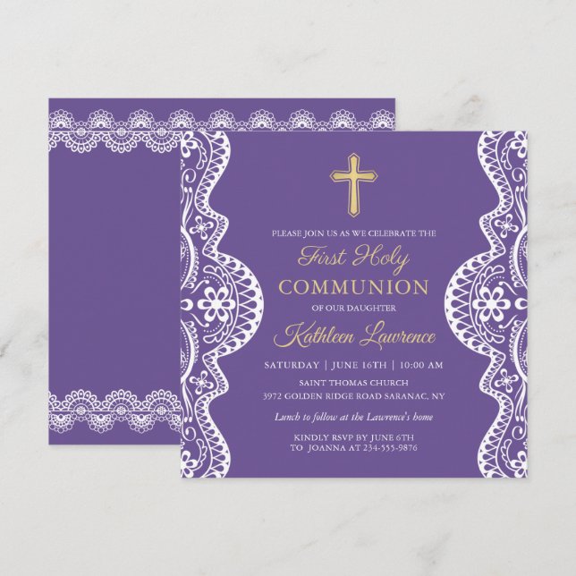 Invitación Lavender Purple Elegant Lace Primera Santa Comunió (Anverso / Reverso)