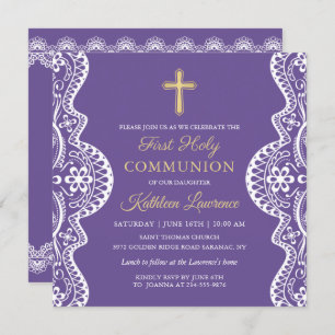 Invitación Lavender Purple Elegant Lace Primera Santa Comunió