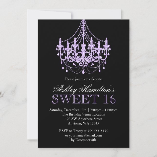 Invitación Lavender Purple Faux Purpurina Chandelier Sweet 16 (Anverso)