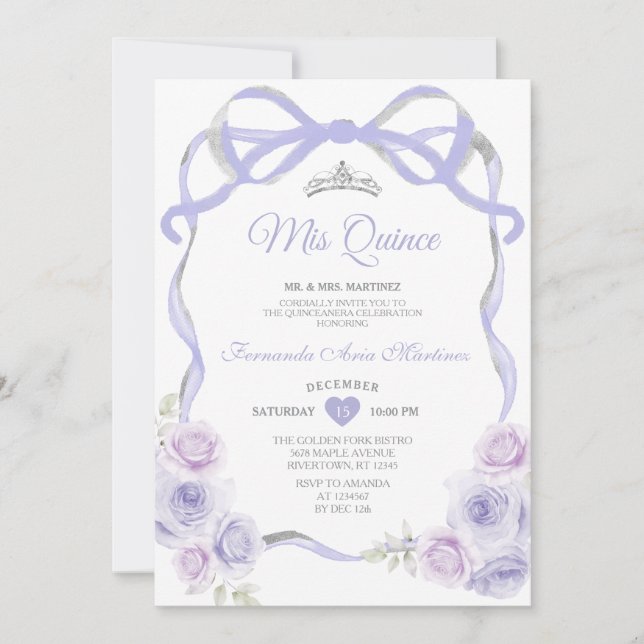 Invitación Lavender Purple Flor Marco Plateado Mi Quince (Anverso)