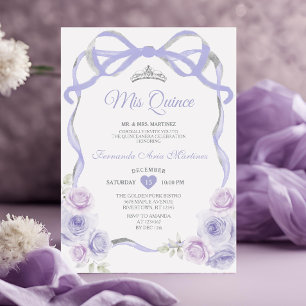 Invitación Lavender Purple Flor Marco Plateado Mi Quince