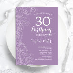 Invitación Lavender Purple Floral 30 cumpleaños Fiesta<br><div class="desc">Invitación a la fiesta de cumpleaños 30 de Lavender Purple Floral. Diseño moderno minimalista con acentos de dibujos botánicos y tipo de letra de guión tipográfico. Sencilla carta de invitación a la moda, perfecta para una elegante celebración de cumpleaños femenina. Se puede personalizar a cualquier edad. Invitaciones Zazzle impresas o...</div>